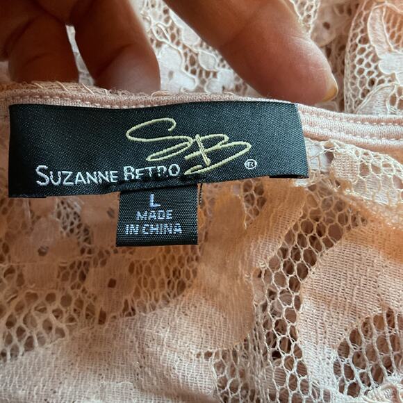 Suzanne Betro Pink Sheer Lace Babydoll Top With Layered Lace Sleeve L - Picture 6 of 7